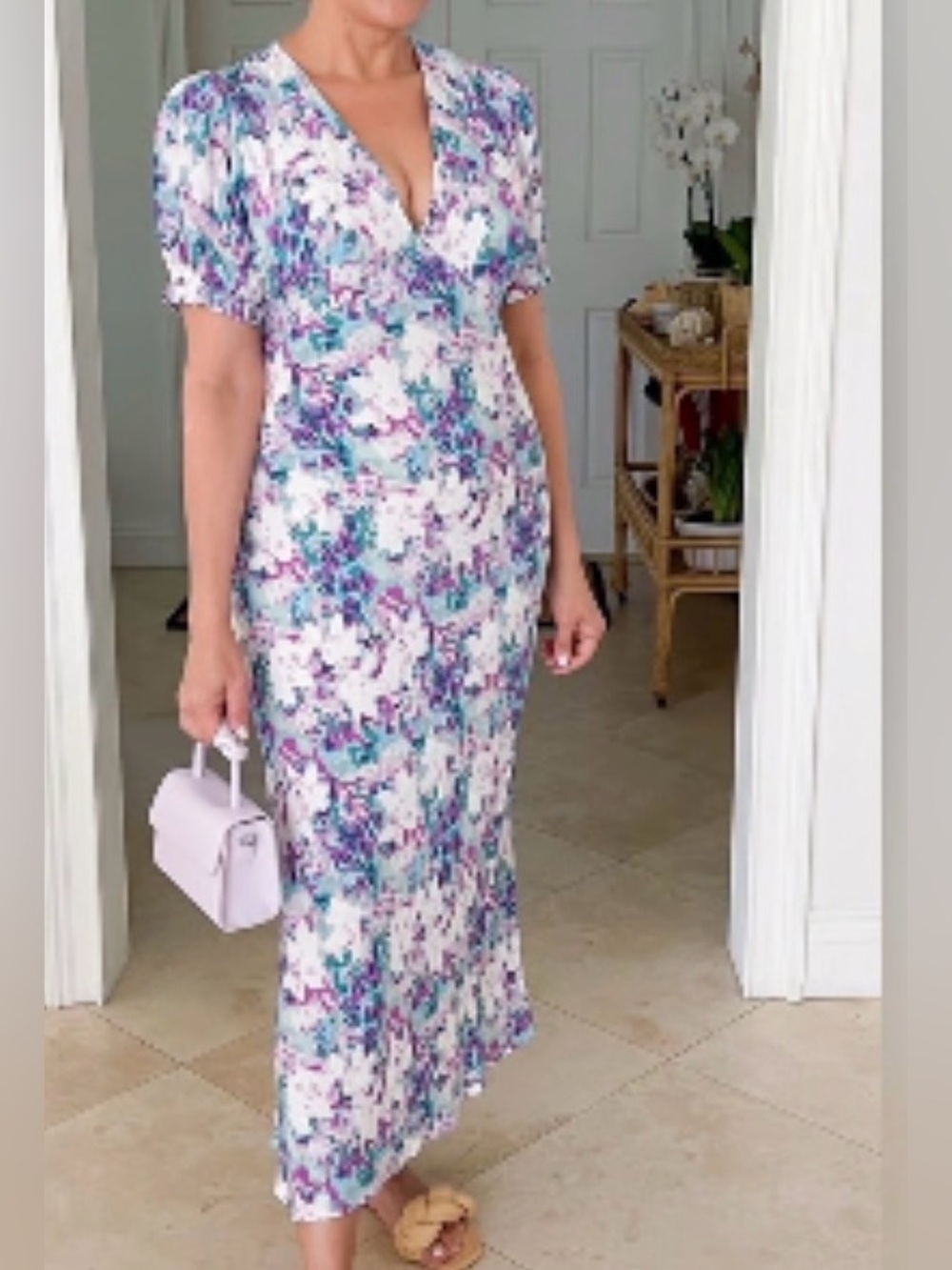 a new day White V-Neck Maxi Dress with Purple and Blue Print